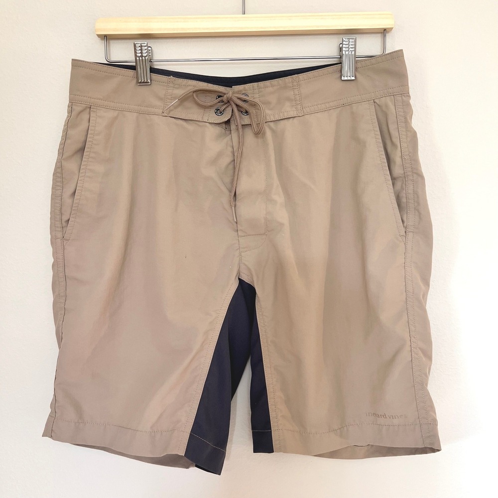 Vineyard Vines Mens Board Shorts Khaki Tan Navy Blue Swim Trunks Size 32 1H0422